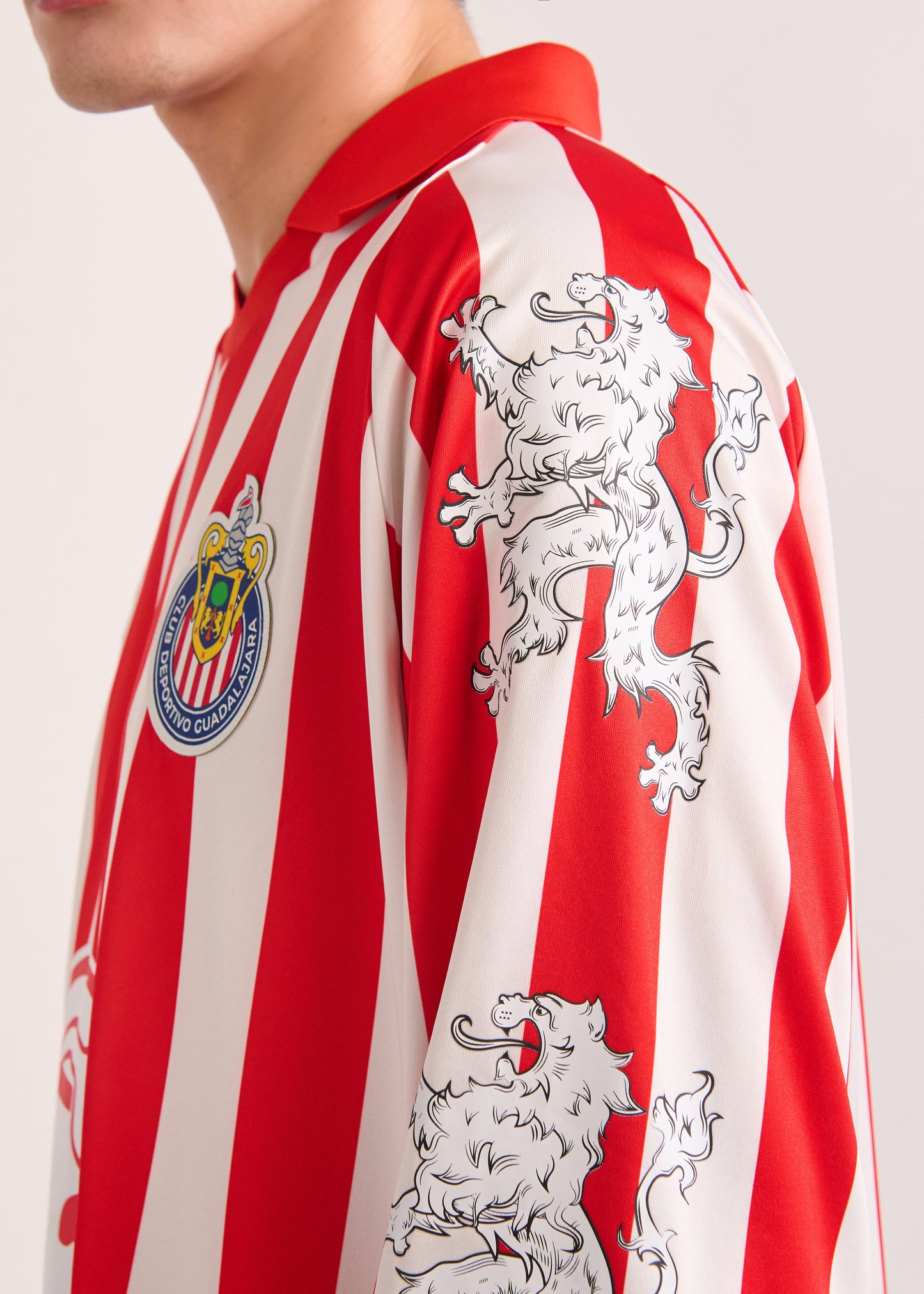 PUMA X LYM X CHIVAS LONG SLEEVE WHITE AND RED RETRO JERSEY SELECT.